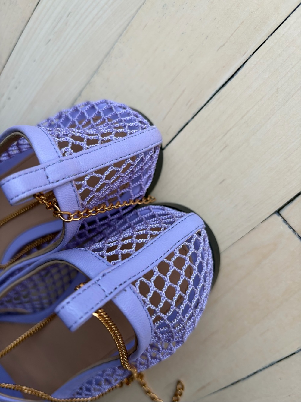 Bottega Veneta Lavender Mesh Square-Toe Flats with Gold Chain - Picture 5 of 5